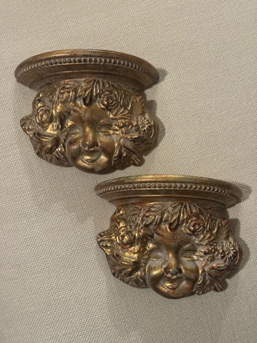 Set of 2 Cherub Wall Shelf Angel Putti Gold Gilt Victorian-Style Vintage 2 Pc